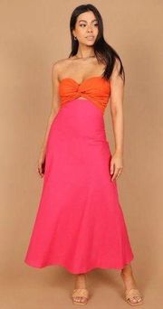 Petal & Pup Rosetta Fuchsia & Orange Colorblock Strapless Cut Out Midi Dress 0