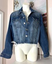 True Religion Blue Medium Wash Jean Denim Jacket Raw Hem Side Tie Size Small