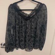 Grey And Black Floral Long Sleeve Blouse