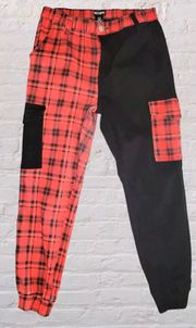 Womens 28 Cargo Pants Red Black Plaid High Rise Pockets Punk Rock