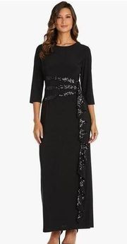 NWT R&M Richards Women's Long and Classic Sequins Cascade Dress Black size 6P