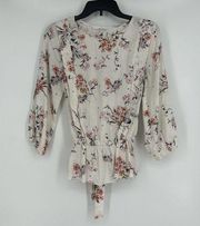 June & Hudson Boho Peplum Top Ivory Floral Pleated 3/4 Balloon Sleeves Tie Back