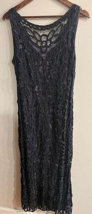 CAROLE LITTLE Women’s Dark Gray Lace Lavender Underlay Sleeveless Maxi Dress