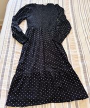 Smocked Polka Dot Long Sleeve Midi Dress