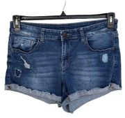 SO Jrs SZ 15 Jean Shorts Distressed Stretch Pockets Zip-Fly Cuffed Raw Hem Blue