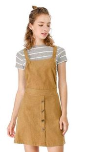 Corduroy Button Front A-Line Bib Overall Pinafore Dress Tan Medium