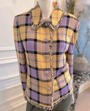 St. John Soft Yellow, black and lilac plaid blazer with eyelash fringe