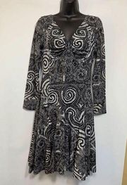 Desigual Womens Midi Dress Pleated V Neckline Long Sleeve Black White Medium