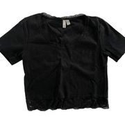 ASOS Shirt Women 8 Black Lace Trim Short Sleeve Crew Neck Crop Top Ribbed Cotton