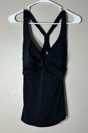 LL Bean Tankini Swim Top Womens Size 14 R Black Twist Padded Lined UPF 50+