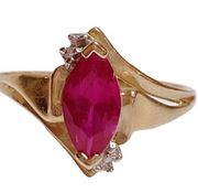 10k 10KT Fine Solid Yellow Gold Marquise Red Ruby Diamond Ring Sz 7