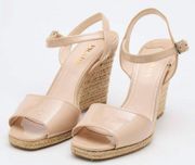 Beige Patent Leather Espadrille Platform Wedge Ankle Strap Sandals Size 37