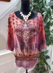 One World Women Orange & Purple Polyester Round Neck Short Sleeve Blouse Size 1X