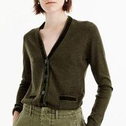 J. Crew Harlow Cardigan Merino Wool Sweater Velvet Trim Olive Green Size XS