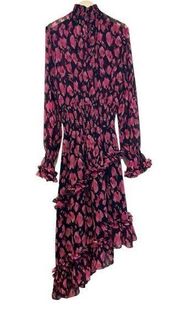 MISA LOS ANGELES Lupita XS Chiffon Asymmetrical Ruffled Pink Black Leopard MIDI