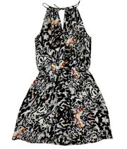 Black Orange Blue Animal Print 100% Silk Sleeveless V-Neck Mini Dress XS