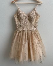 Gold Beige Floral Glitter Tinker Bell Fairy Princess Tulle Dress