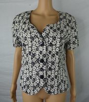 Donna Ricco Black White Short Sleeve Floral Blazer Jacket Career Cotton Acetate