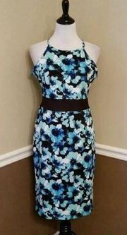 NEW Roxberi ModCloth Blue Floral Halter Neckline Midi Dress with Sheer Waist 8