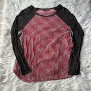 Sanctuary Top Sz S Red White Black Plaid Raglan Sleeve Shirt Casual Holiday