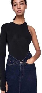 ZARA NWOT  One Shoulder Open Back Stretch Asymmetric Bodysuit Black Women Size M