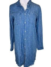 Thread & Supply Shirt Dress MEDIUM Chambray Frayed Hem Button Front Long Sleeve