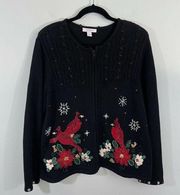 Vintage Dressbarn Women's Black Cardinals Embellished Holiday Sweater Size L