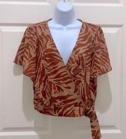 june & hudson Tan & Orange Zebra Stripe Crop Wrap Top