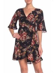 June & Hudson Wrap Dress Floral Mini Black Orange Brown Size M New w/Tag