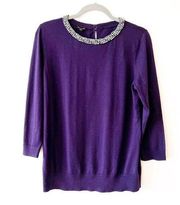 Talbots Purple Jeweled Neck Sweater Size Medium Beaded Cotton Rayon Festive NWOT