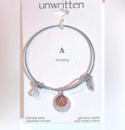 NEW Unwritten SILVER BANGLE BRACELET Crystal Disc Gold Letter “A” Amazing NEW