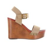 MIA Senna Wedge in Stone Faux Wood Heel Vegan Leather Straps Stone Gray $60