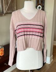 Sweater Cropped Soft Comfy Rose Striped Muted Pink Pullover Womens Medium V Neck