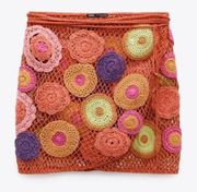 Zara Embroidered Floral Crochet Sarong Wrap Swim Mini Skirt Multicolor Women M