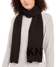 DKNY flat knit scarf w/ velvet logo Black NWT