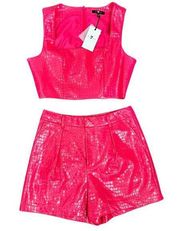 7 For All Mankind Hot Pink Croc Embossed Corset Crop Top Shorts Set M NEW Tags