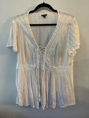 Torrid Tunic Top Boho Peasant Cream/Tan Striped Crochet Tassel Accent Plus Sz. 1