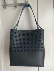 Nicole Miller Vegan Leather Top Handle Bucket Purse Handbag in Black & Blue