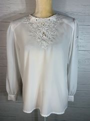 Christie & Jill Sz 8P White Puff Sleeve Top Cottagecore Embroidery Modest Vtg