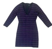 Marciano Purple Black Bodycon Dress Houndstooth Long Sleeve Stretch Size Small