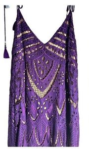 Free people Purple short mini dress beautiful mini tie on shoulder M **Guipure