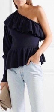 Ulla Johnson Midnight Blue Eden Cashmere Ruffled Pull-Over One Shoulder Sweater