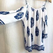 Blue and White Print Off the Shoulder Top Devi M