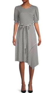 Paris Belted Striped Pouf Sleeve Round Neck Midi Fit Flare Dress