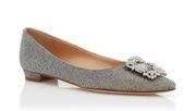 Manolo Blahnik Hangisi Flat Mixed Glitter Fabric Jewel Buckle Flat Pumps