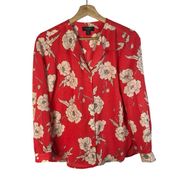 Lord & Taylor Petite Red & Cream Floral Popover Long Sleeve Blouse SP