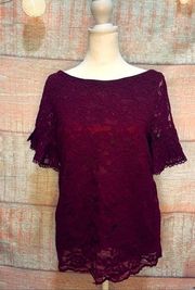 LAUNDRY by Shelli Segal S top Blouse Burgundy Lace Bell Sleeves