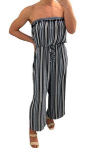 Promesa Blue & White Striped Cropped Jumpsuit Size Medium