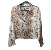 Marbled V-Neck Retro Business Casual Blouse Long Sleeve size Large Cream