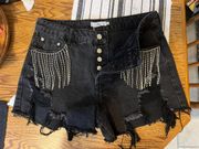 Black Rhinestone Fringe Jean Shorts 